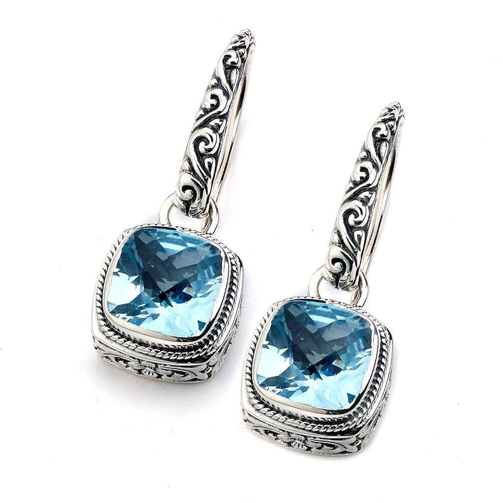 SS SQUARE FLORAL EARRING W/ BLUE TOPAZ CENTER