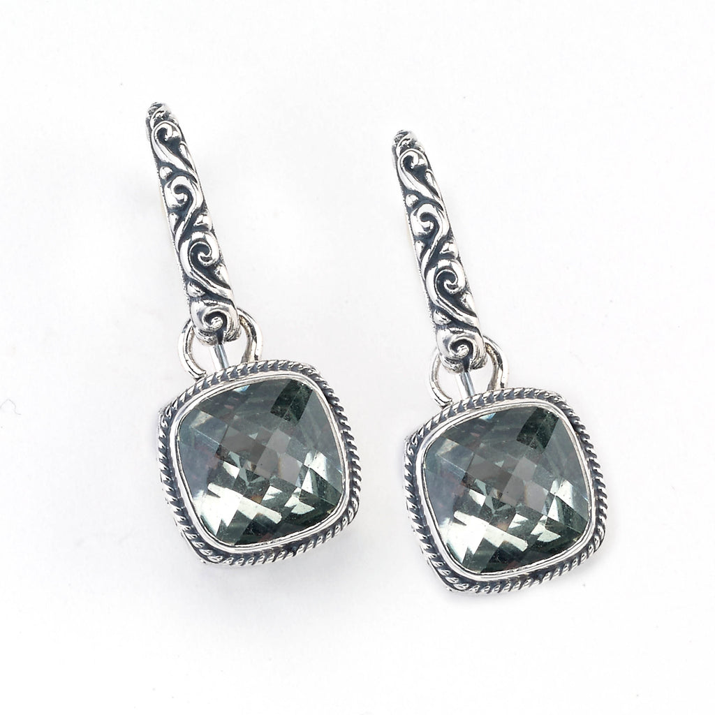 SS SQUARE FLORAL GREEN AMETHYST EARRINGS
