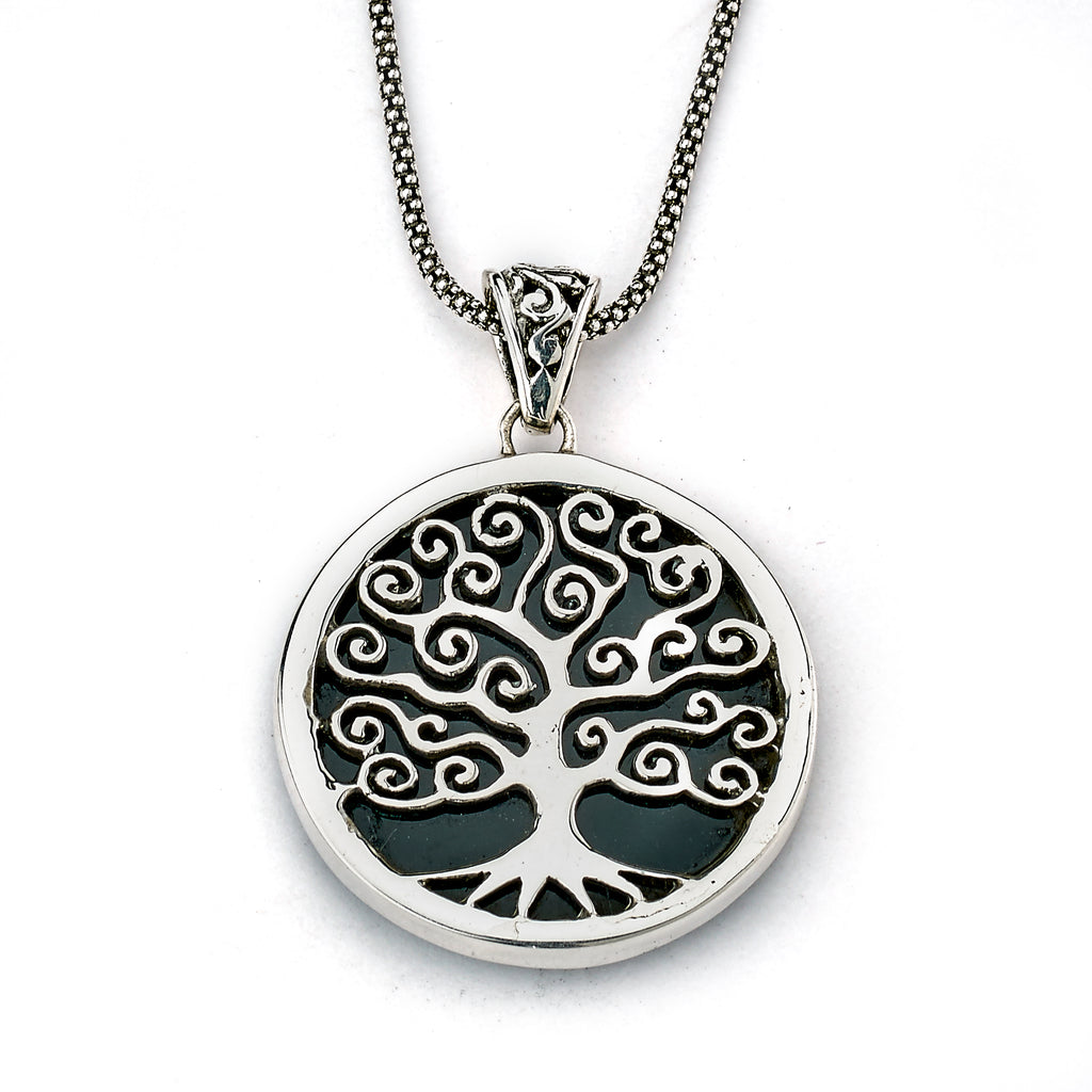 SS ROUND BLACK SHELL PENDANT WITH TREE DESIGN