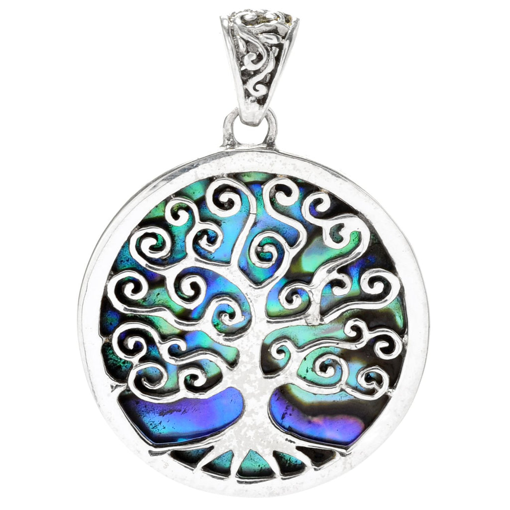 SS ROUND ABALONE PENDANT WITH TREE DESIGN