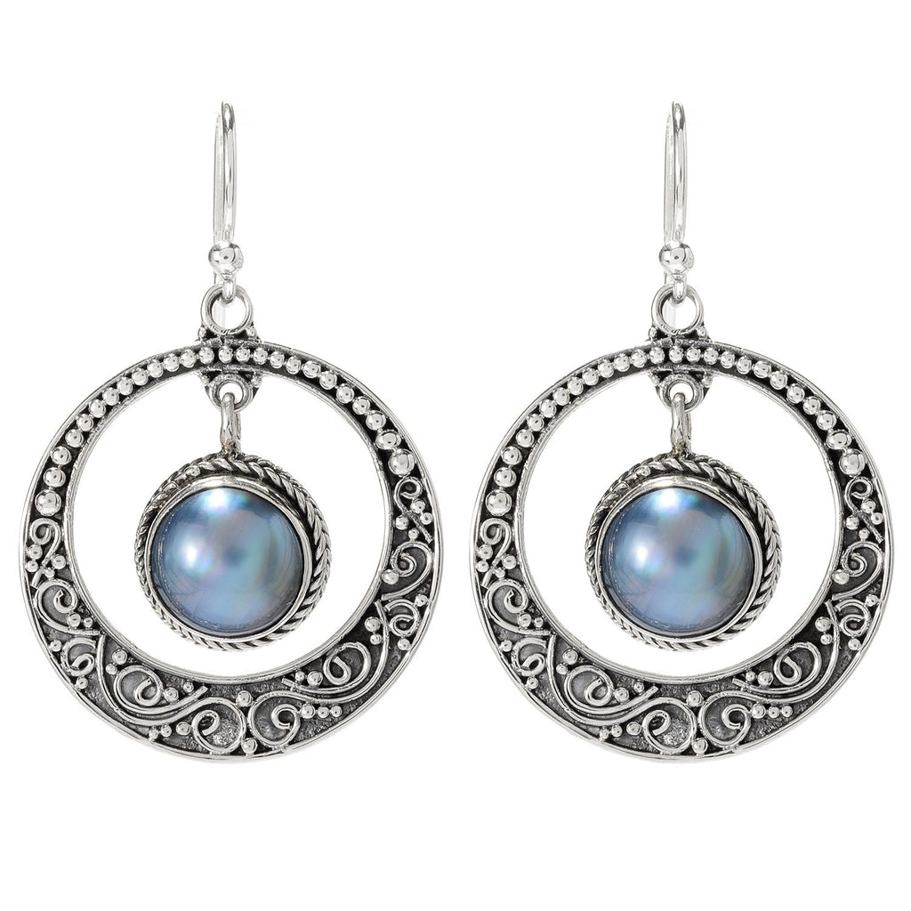 SS ROUND DROP EARRINGS WITH BLUE MABE PEARL