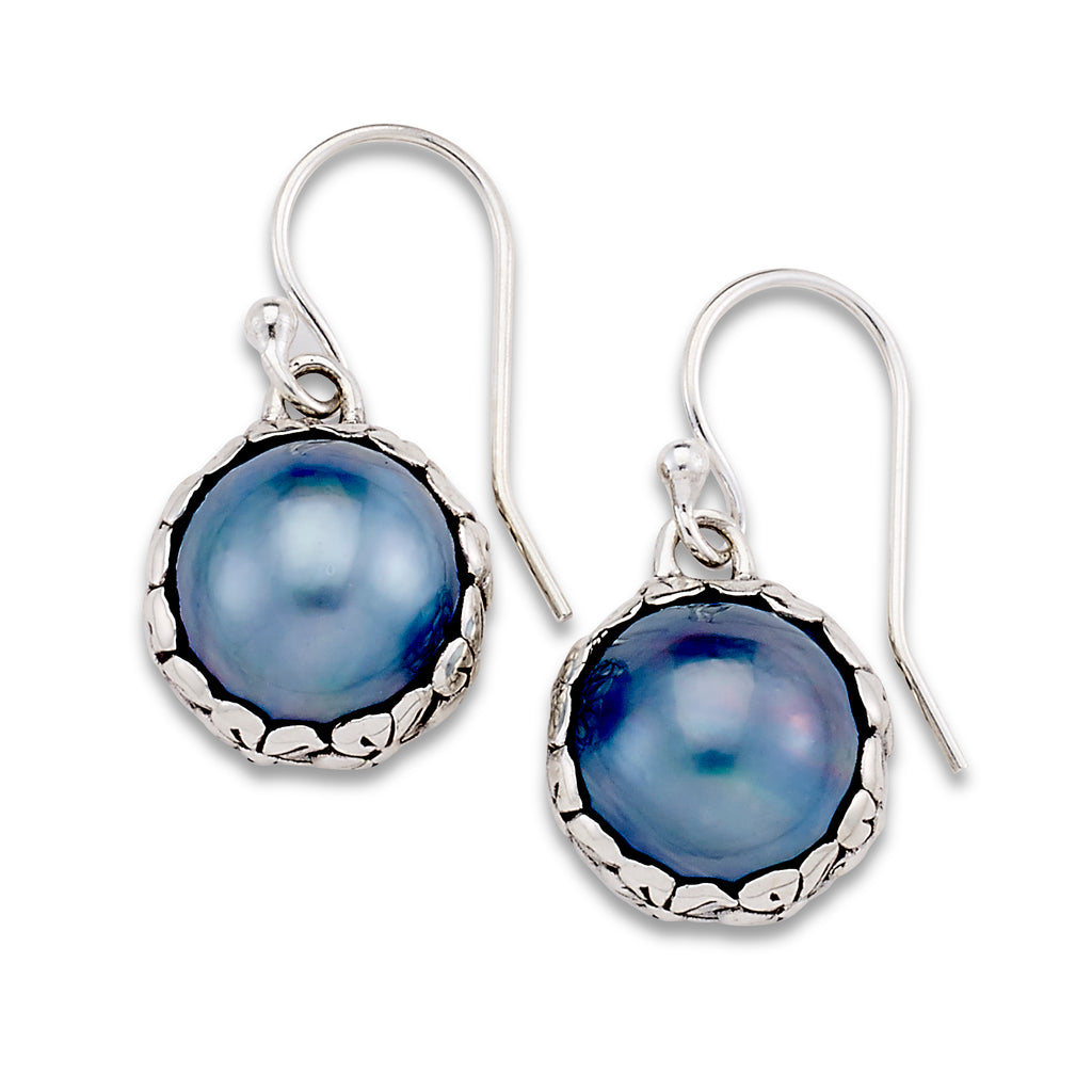 SS ROUND BLUE MABE PEARL EARRINGS WITH FLORAL BORDER
