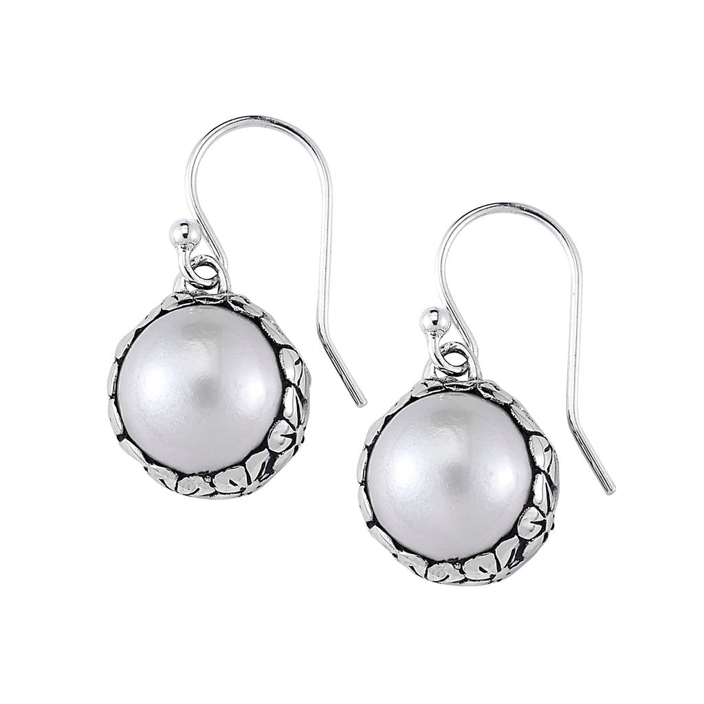 SS ROUND WHITE MABE PEARL EARRINGS WITH FLORAL BORDER