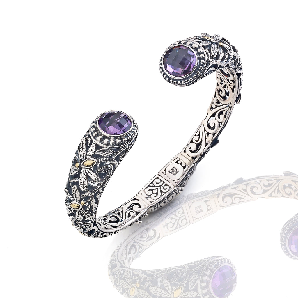 SS/18K DRAGONFLY DESIGN HINGED BANGLE WITH AMETHYST