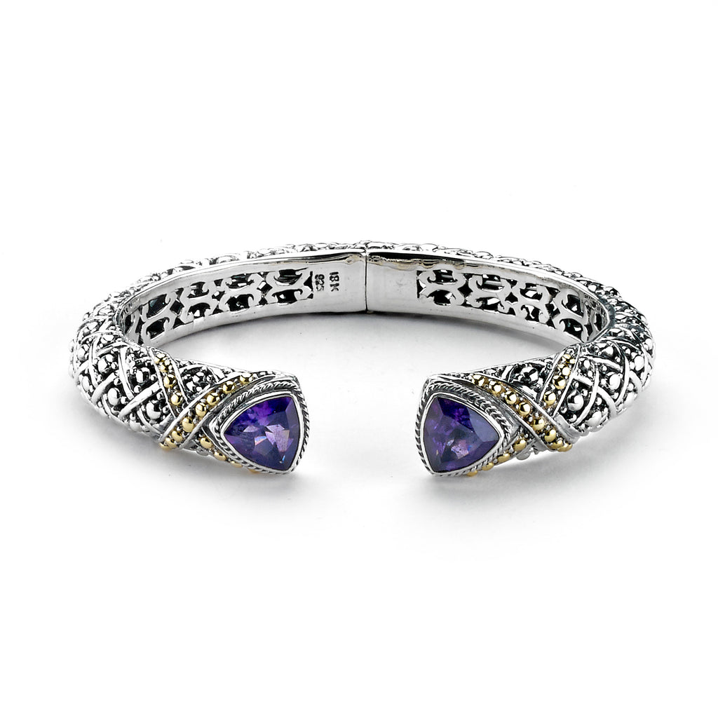 SS/18K HINGED BANGLE WITH TRILLION CUT AMETHYST