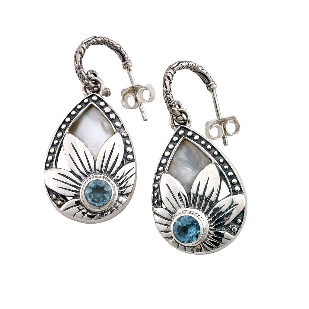 SS MOTHER OF PEARL EARRINGS WITH FLOWER ACCENT & BLUE TOPAZ