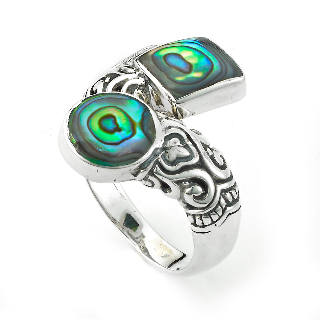 SS ABALONE BALINESE DESIGN BYPASS RING