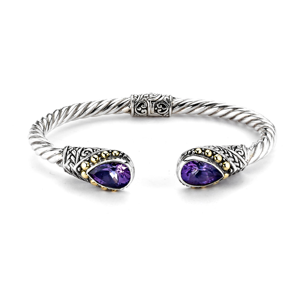 SS/18K TWISTED HINGED CABLE BANGLE W/ AMETHYST PEAR CUT ENDS