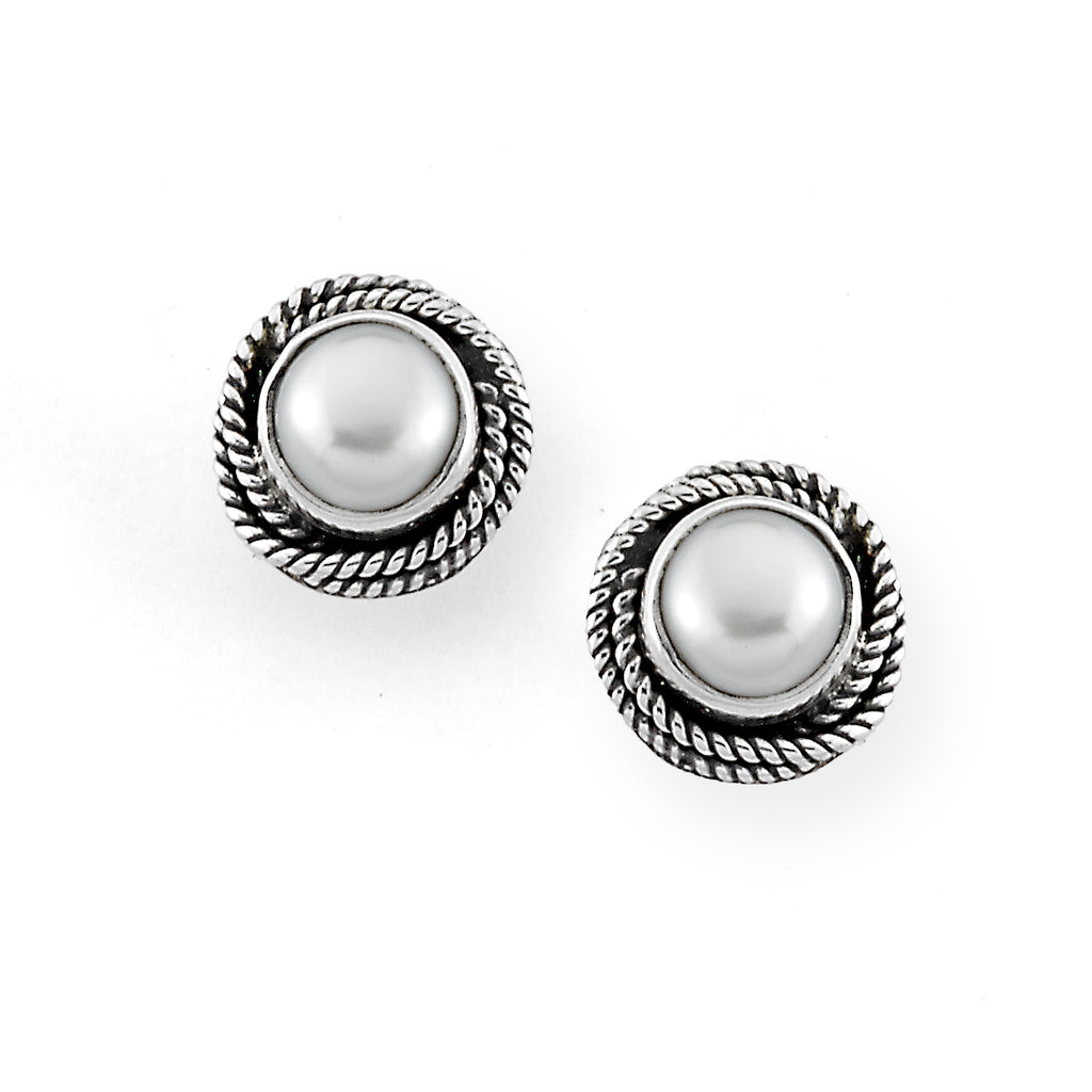 SS ROUND 6MM WHITE MABE PEARL TWISTED ROPE DESIGN STUD EARRI