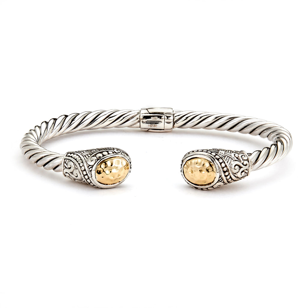 SS/18K TWISTED HAMMERED GOLD CABLE BANGLE