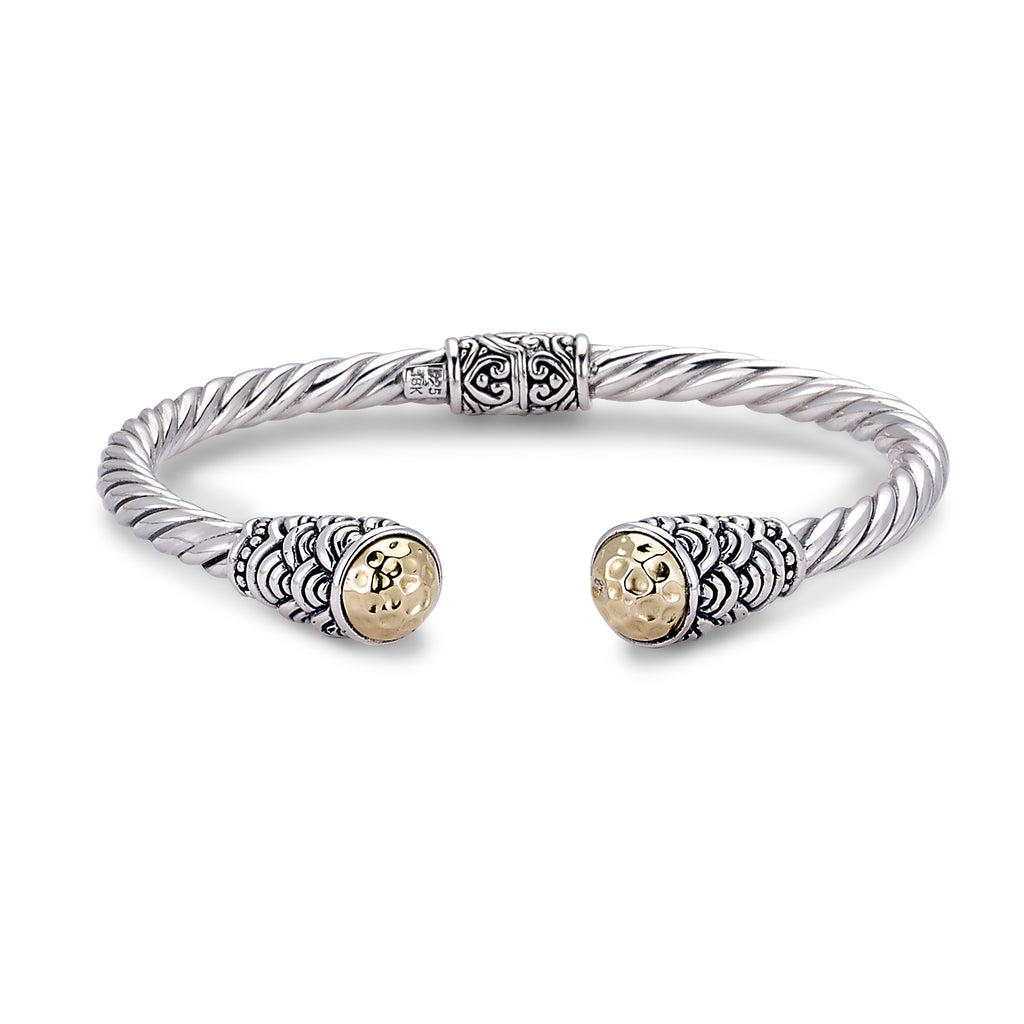SS/18K 4.5MM TWISTED CABLE BANGLE WITH HAMMERED GOLD END CAP