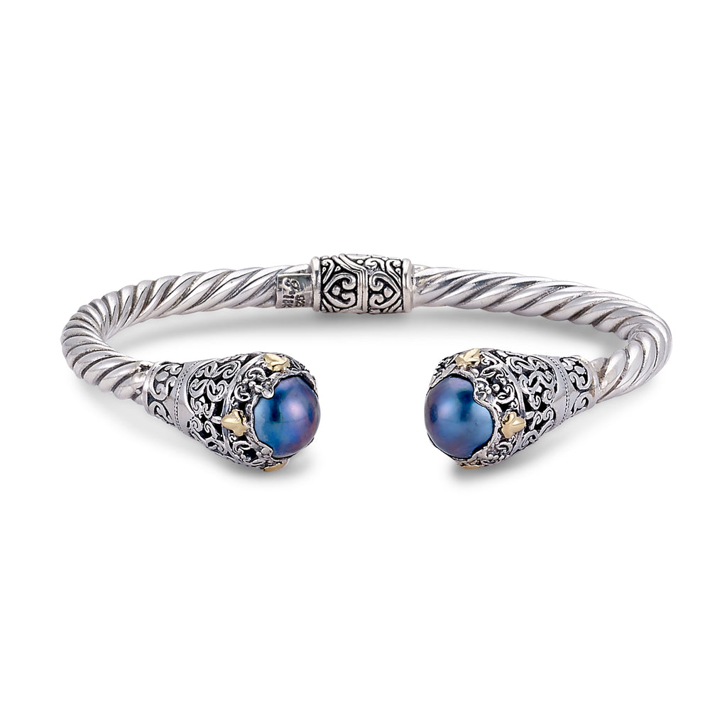 SS/18K 5MM TWISTED CABLE BANGLE W/ BLUE MABE PEARL