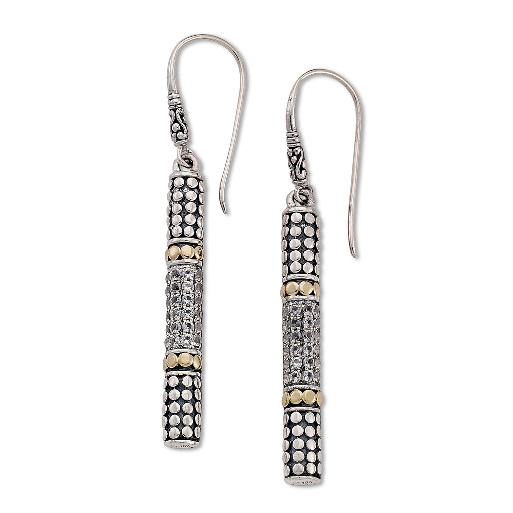 SS/18K BAR DROP EARRINGS WITH PAVE WHITE TOPAZ