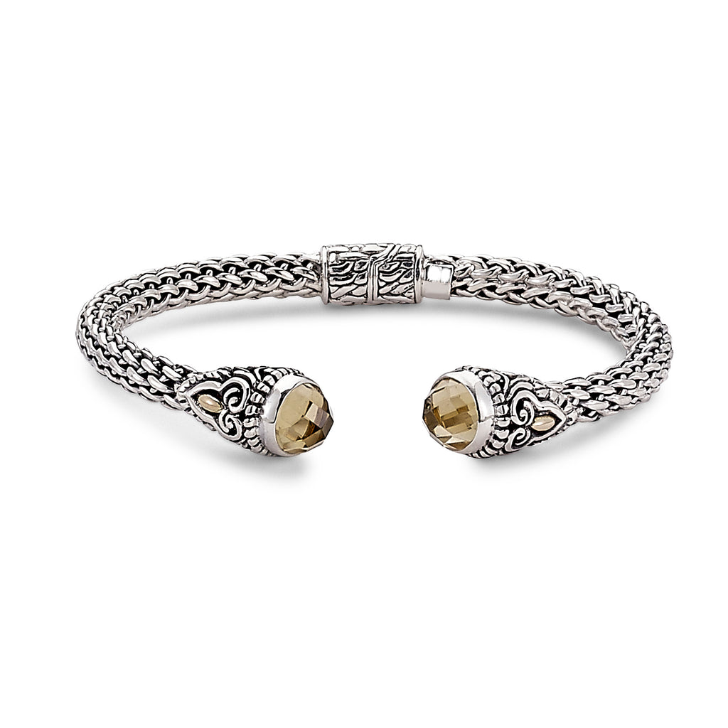 SS/18K WOVEN DESIGN HINGED BANGLE WITH CITRINE ENDCAPS