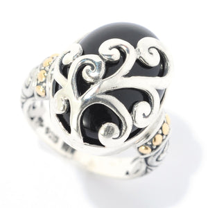 SS/18K OVAL BLACK CHALCEDONY RING WITH SWIRL OVERLAY