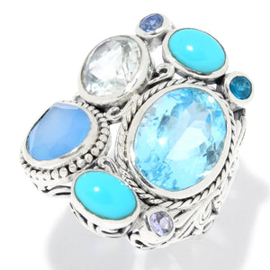 SS MULTI-SHAPE BLUE TOPAZ & MULTI STONE RING