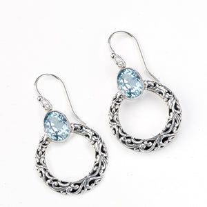 SS CIRCLE DANGLING EARRINGS W/ BLUE TOPAZ