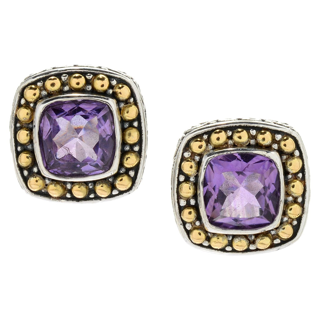 SS/18K AMETHYST CUSHION EARRINGS WITH BEADED BORDER