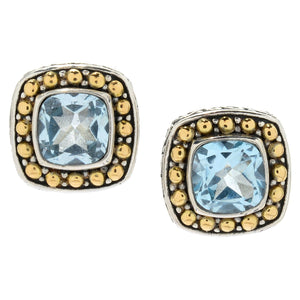 SS/18K BLUE TOPAZ CUSHION EARRINGS WITH BEADED BORDER