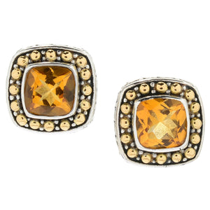 SS/18K CITRINE CUSHION EARRINGS WITH BEADED BORDER