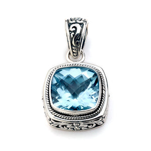 SS SQUARE FLORAL PENDANT W/ BLUE TOPAZ CENTER