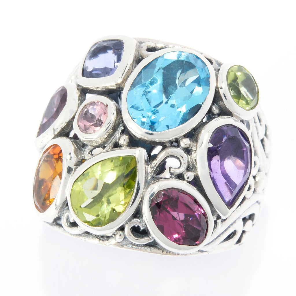 SS MULTI GEMSTONE BALI DESIGN RING