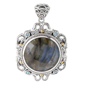 SS/18K 20MM ROUND LABRADORITE PENDANT WITH BLUE TOPAZ A