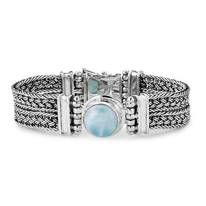 SS WOVEN BRACELET WITH ROUND LARIMAR CAB 14MM