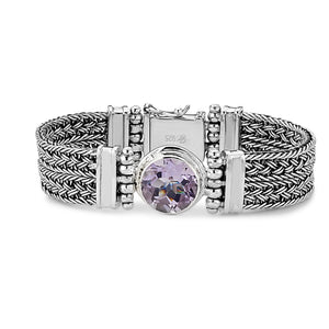 SS WOVEN BRACELET WITH ROUND RD.PINK AMETHYST 14MM CHECKERD