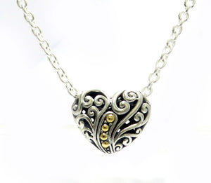 SS/18K 18" BALINESE SWIRL DESIGN HEART NECKLACE (LARGE)