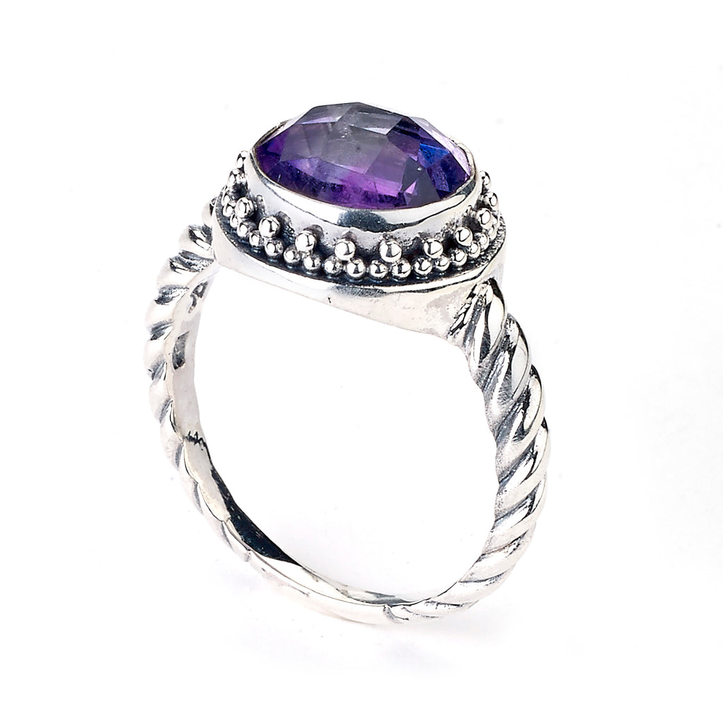 SS ROUND 10MM AMETHYST RING W/ TWISTED SHANK