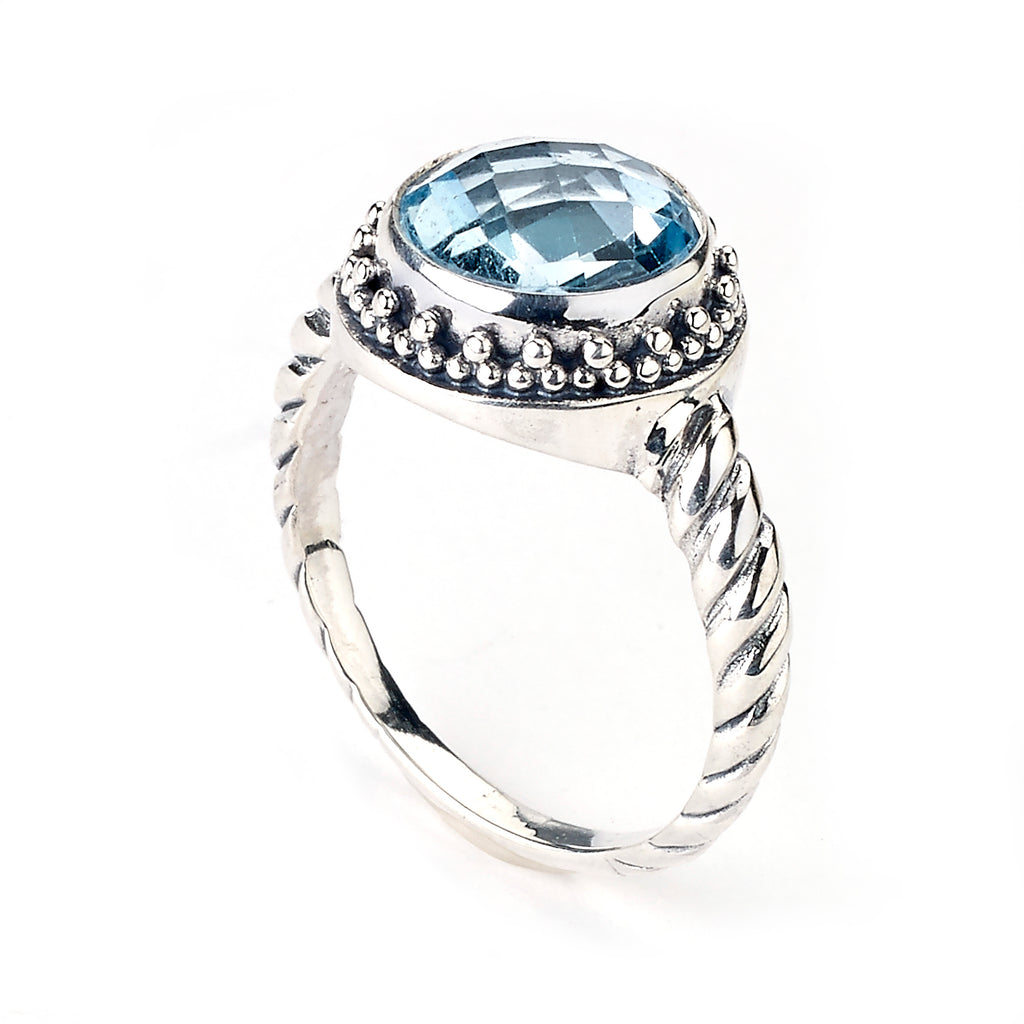 SS ROUND 10MM BLUE TOPAZ RING W/ TWISTED SHANK