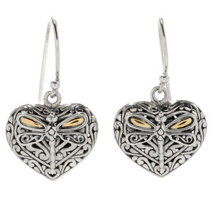 SS/18K HEART SHAPED EARRINGS W/ DRAGONFLY