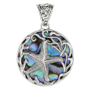 SS ROUND ABALONE PENDANT W/ STARFISH DESIGN