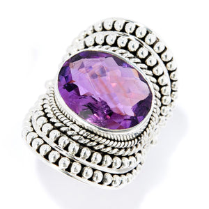 SS BEADED DESIGN OVAL AMETHYST RING