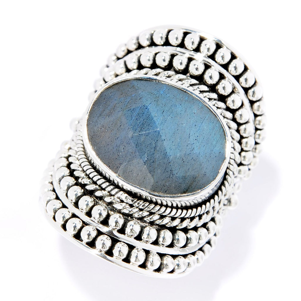 SS BEADED DESIGN OVAL LABRADORITE RING