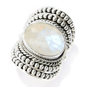 SS BEADED DESIGN OVAL RAINBOW MOONSTONE RING