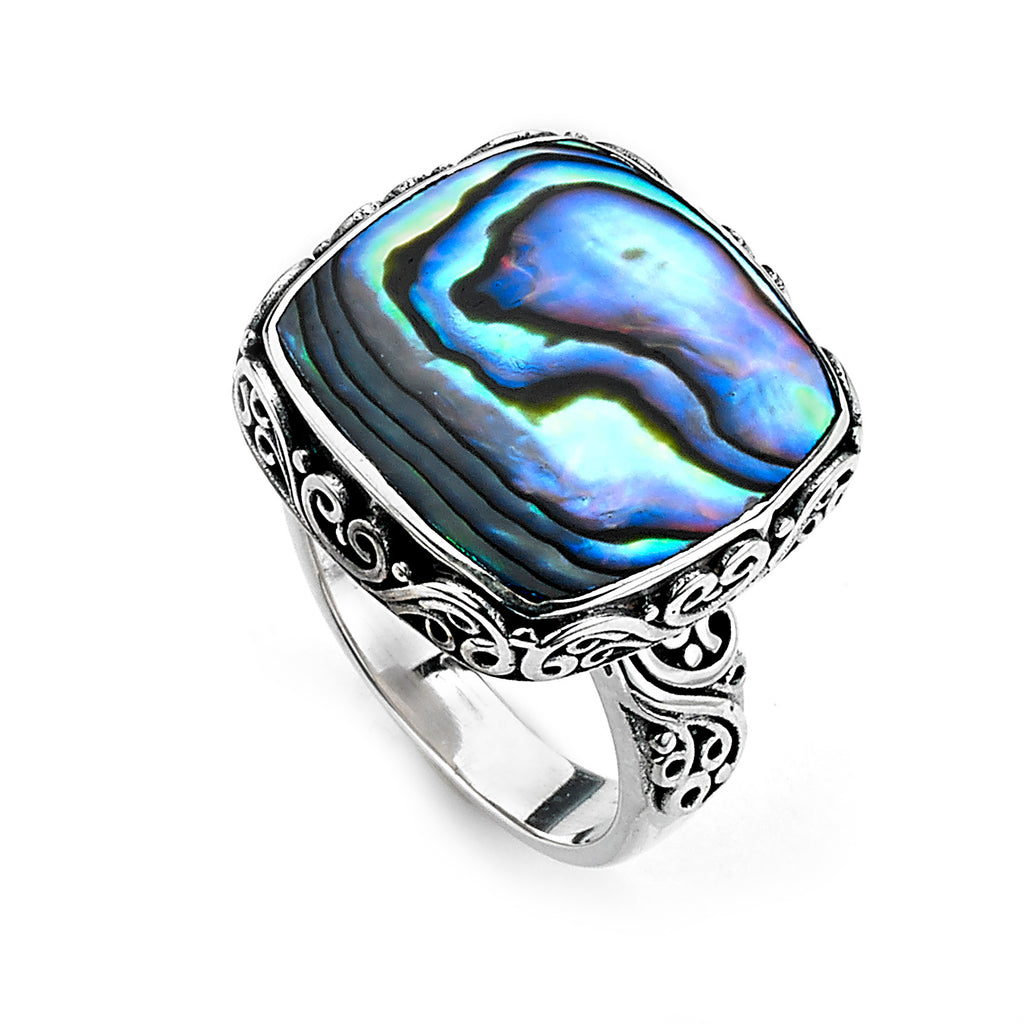 SS SQUARE BALINESE DESIGN ABALONE RING