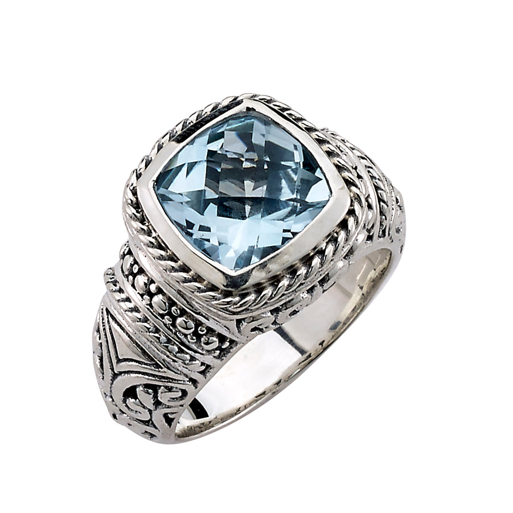 SS CUSHION CUT BLUE TOPAZ RING