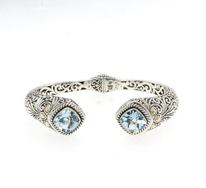 SS/18K HINGED BANGLE W/ CUSHION CUT 10MM BLUE TOPAZ