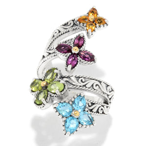 SS/18K MULTI GEMSTONE FLOWER BYPASS RING