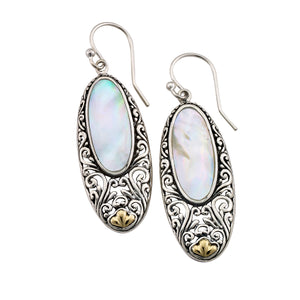 SS/18K OVAL MOTHER OF PEARL EARRINGS W/ BALINESE SWIRL DESIG