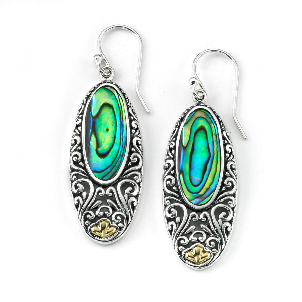 SS/18K OVAL ABALONE EARRINGS W/ BALINESE SWIRL DESIGN