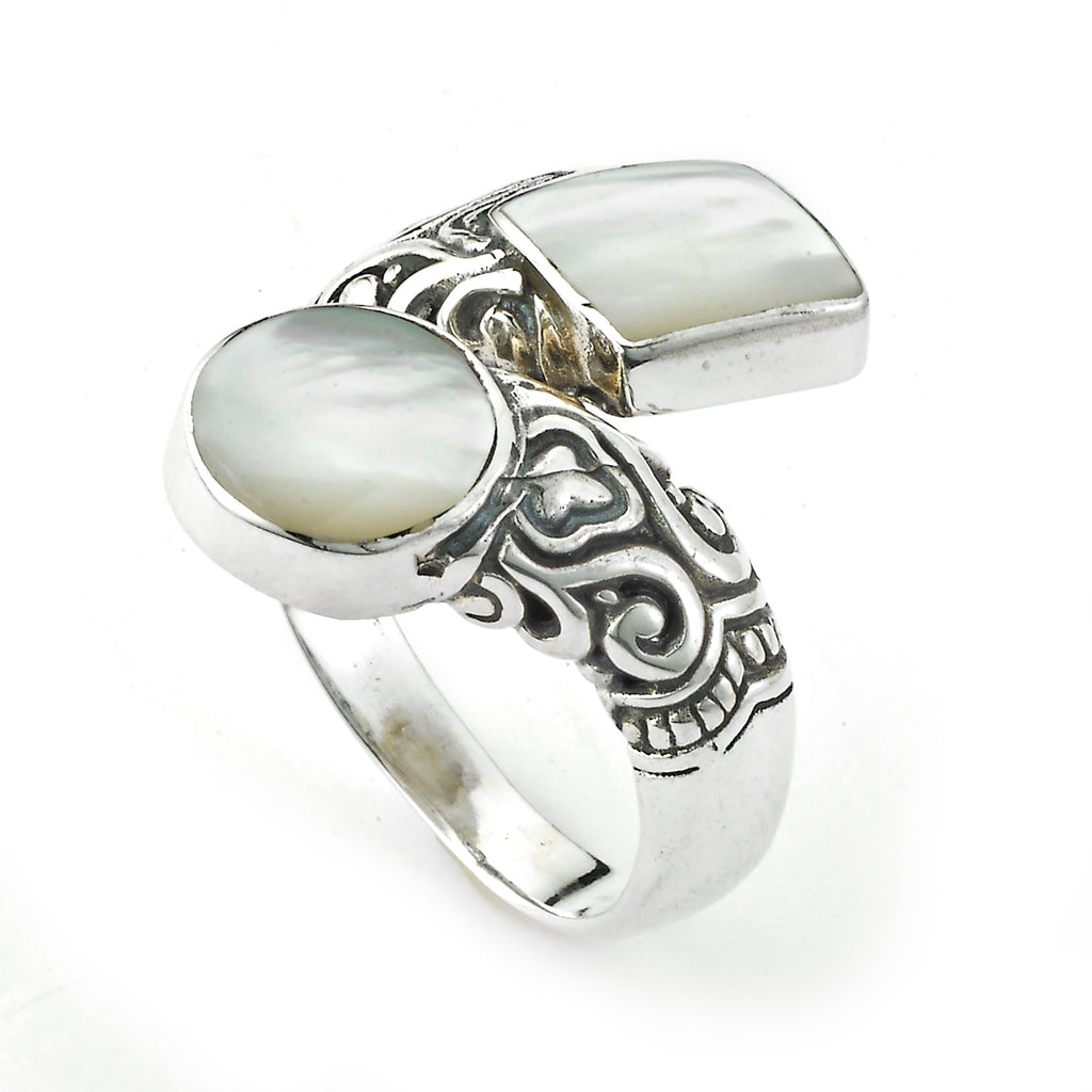 SS MOTHER OF PEARL BALINESE DESIGN BYPASS RING