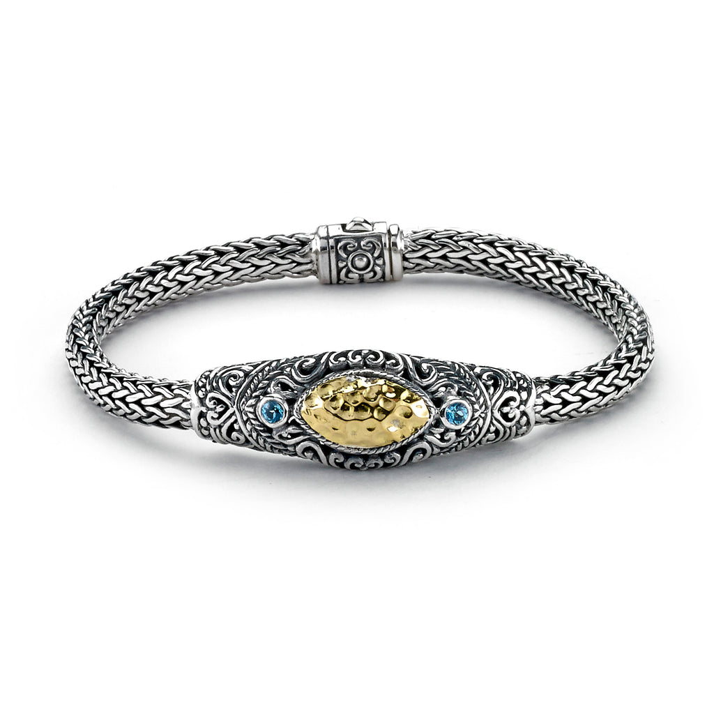 SS/18K HAMMERED GOLD TULANG NAGA BRACELET W/ BLUE TOPAZ