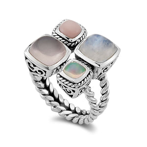 SS ROSE QUARTZ, RAINBOW MOONSTONE, PINK OPAL & OPAL RING