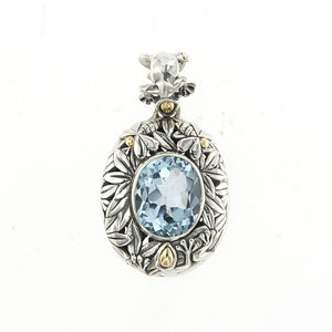 SS/18K OVAL LEAF DESIGN PENDANT W/ BLUE TOPAZ