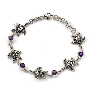 SS TURTLE & ROUND AMETHYST STATION BRACELET