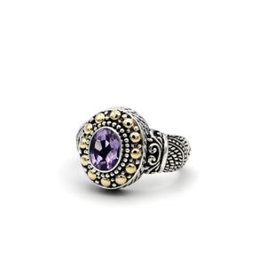 SS/18K OVAL CUT AMETHYST BALI DESIGN RING