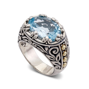 SS/18K BALINESE DESIGN EAST WEST OVAL BLUE TOPAZ RING